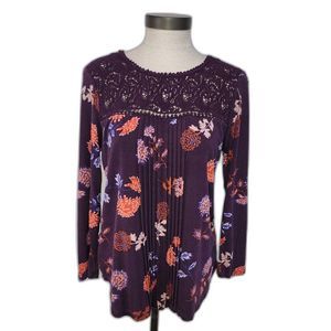 Daniel Rainn Purple Floral 3/4 sleeve Crochet Knit Top Size S